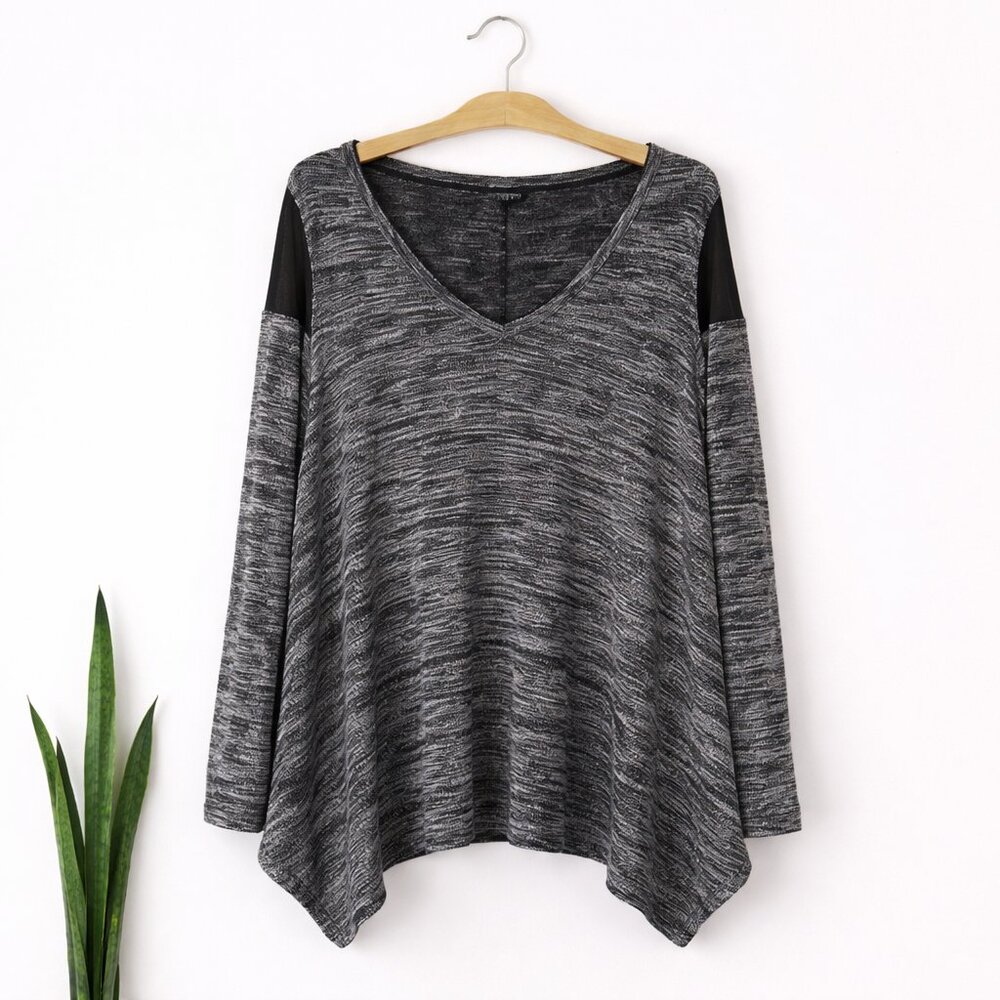 DKNY JEANS | Dark Grey Heathered Long Sleeve Blouse w/ Leather Shoulders – Women